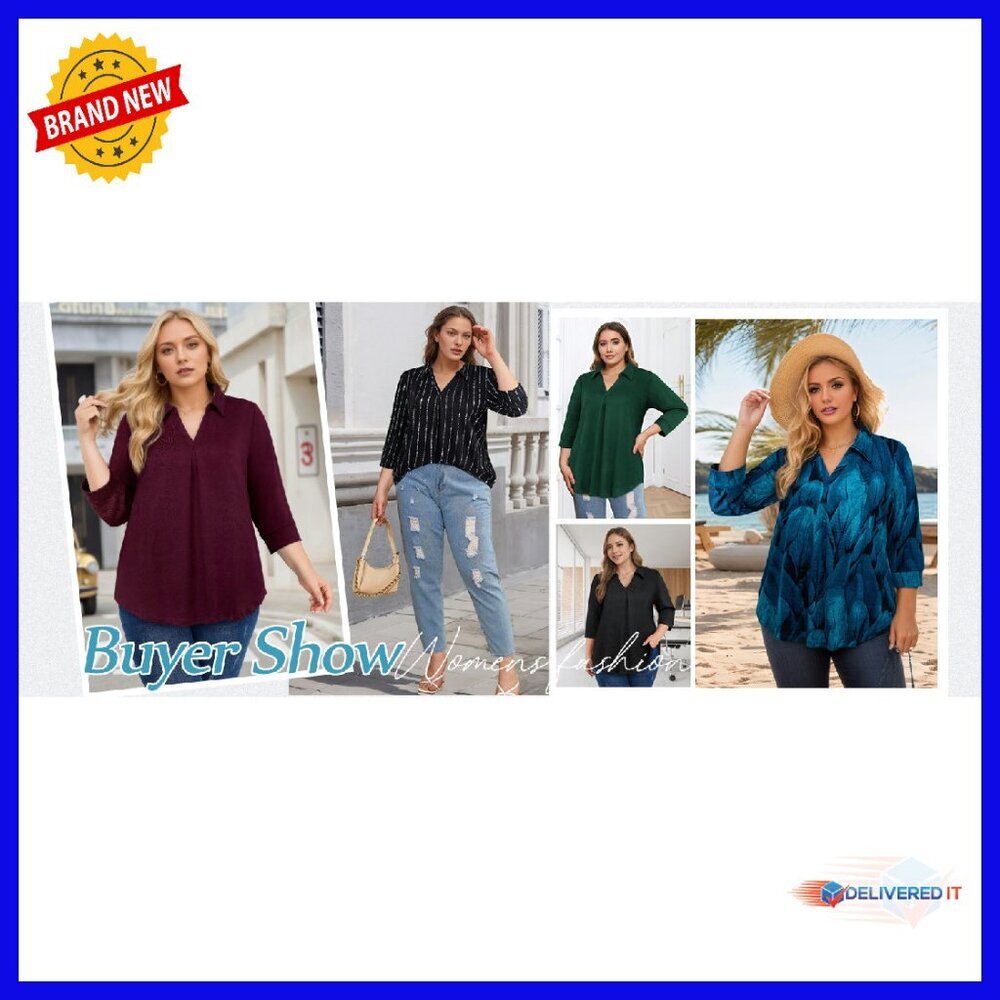 Plus Size V-Neck Collared 3/4 Sleeve Blouse Loose Fit Soft Business Casual - Picture 8 of 8